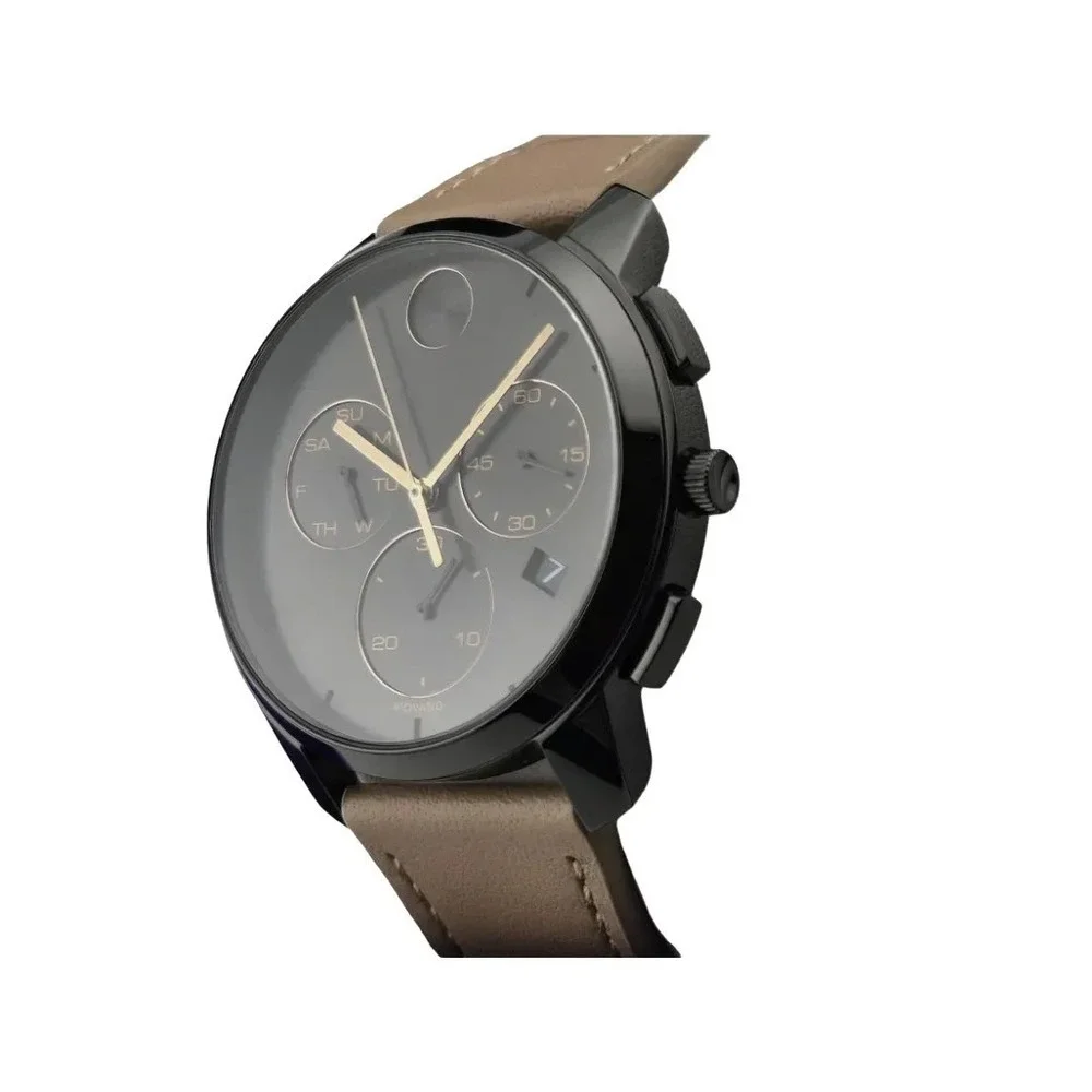 Movado Bold Chronograph 3600719 Black Dial Beige Leather Strap Watch NIB $695